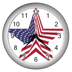 A Star With An American Flag Pattern Wall Clocks (silver)  by Nexatart