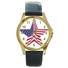 A Star With An American Flag Pattern Round Gold Metal Watch by Nexatart