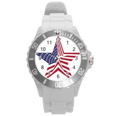 A Star With An American Flag Pattern Round Plastic Sport Watch (l) by Nexatart