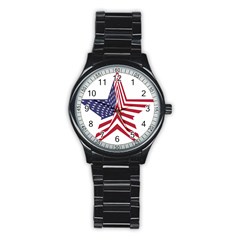 A Star With An American Flag Pattern Stainless Steel Round Watch by Nexatart