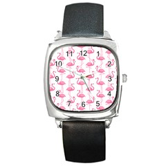 Pink Flamingos Pattern Square Metal Watch by Nexatart