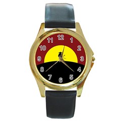 Samurai Warrior Japanese Sword Round Gold Metal Watch by Nexatart