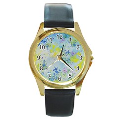 Watercolors Splashes              Round Gold Metal Watch by LalyLauraFLM