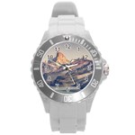 Fitz Roy And Poincenot Mountains Lake View   Patagonia Round Plastic Sport Watch (L) Front