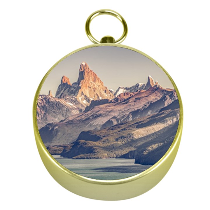 Fitz Roy And Poincenot Mountains Lake View   Patagonia Gold Compasses