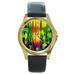 Abstract Vibrant Colour Botany Round Gold Metal Watch by Nexatart