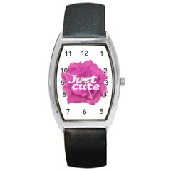 Just Cute Text Over Pink Rose Barrel Style Metal Watch by dflcprints