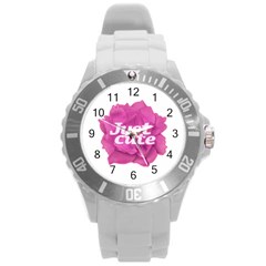 Just Cute Text Over Pink Rose Round Plastic Sport Watch (l) by dflcprints