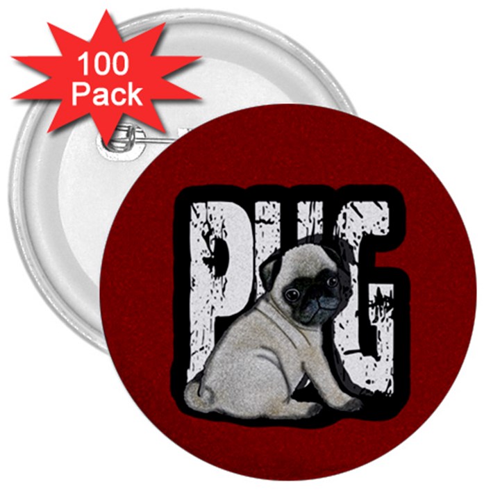 Pug 3  Buttons (100 pack) 