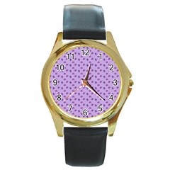 Pattern Background Violet Flowers Round Gold Metal Watch by Nexatart