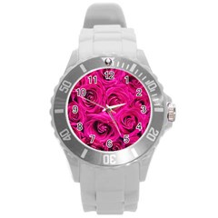 Pink Roses Roses Background Round Plastic Sport Watch (l) by Nexatart