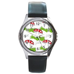 Mushroom Luck Fly Agaric Lucky Guy Round Metal Watch by Nexatart