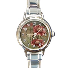 Flowers Plant Red Drawing Art Round Italian Charm Watch by Nexatart