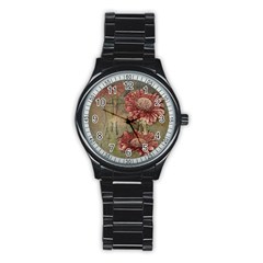 Flowers Plant Red Drawing Art Stainless Steel Round Watch by Nexatart