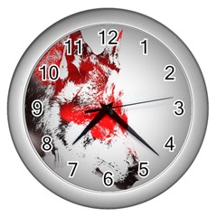 Red Black Wolf Stamp Background Wall Clocks (Silver) 