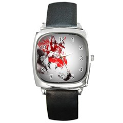 Red Black Wolf Stamp Background Square Metal Watch