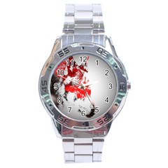 Red Black Wolf Stamp Background Stainless Steel Analogue Watch