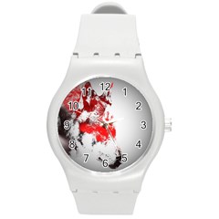 Red Black Wolf Stamp Background Round Plastic Sport Watch (M)