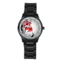 Red Black Wolf Stamp Background Stainless Steel Round Watch