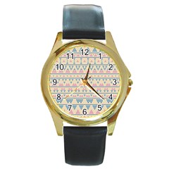 Blue And Pink Tribal Pattern Round Gold Metal Watch by berwies