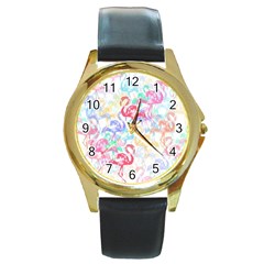 Flamingo Pattern Round Gold Metal Watch by Valentinaart