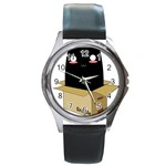 Black Cat in a Box Round Metal Watch Front