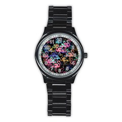 Flamingo Pattern Stainless Steel Round Watch by Valentinaart