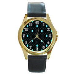 Blue Black Hexagon Dots Round Gold Metal Watch