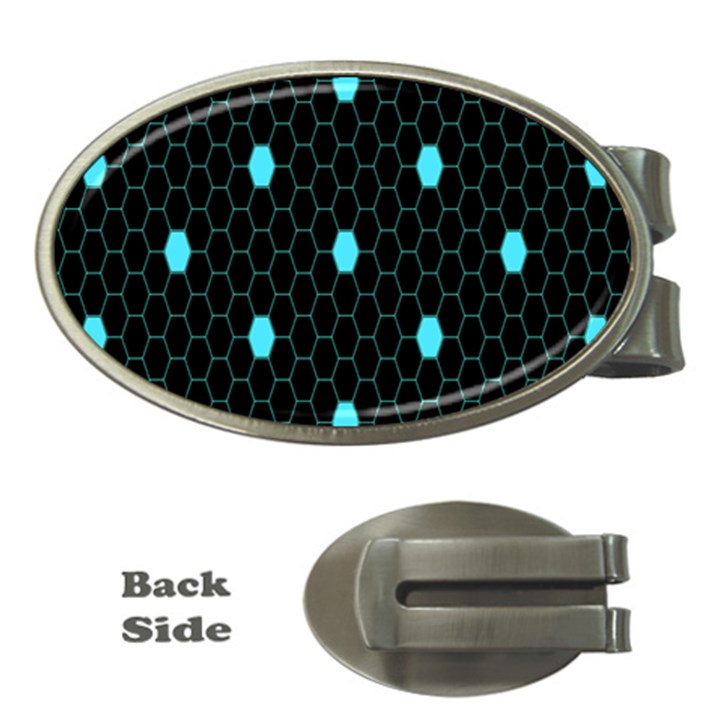 Blue Black Hexagon Dots Money Clips (Oval) 