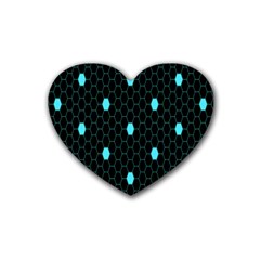 Blue Black Hexagon Dots Rubber Coaster (heart)  by Mariart