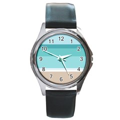 Dachis Beach Line Blue Water Round Metal Watch by Mariart