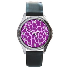 Giraffe Skin Purple Polka Round Metal Watch