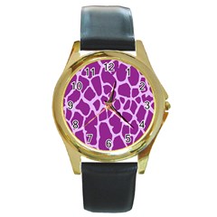 Giraffe Skin Purple Polka Round Gold Metal Watch