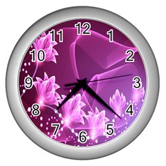 Lotus Sunflower Sakura Flower Floral Pink Purple Polka Leaf Polkadot Waves Wave Chevron Wall Clocks (silver) 