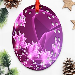 Lotus Sunflower Sakura Flower Floral Pink Purple Polka Leaf Polkadot Waves Wave Chevron Ornament (oval Filigree) by Mariart