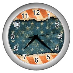 Grunge Ripped Paper Usa Flag Wall Clocks (silver) 