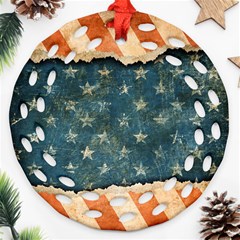 Grunge Ripped Paper Usa Flag Round Filigree Ornament (two Sides)