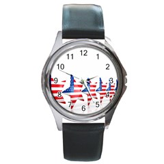 Multiple Us Flag Stars Line Slide Round Metal Watch