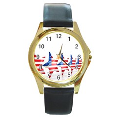 Multiple Us Flag Stars Line Slide Round Gold Metal Watch