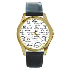 Mustache Man Black Hair Round Gold Metal Watch