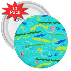 Mustache Jellyfish Blue Water Sea Beack Swim Blue 3  Buttons (10 Pack) 