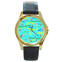 Mustache Jellyfish Blue Water Sea Beack Swim Blue Round Gold Metal Watch