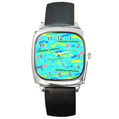 Mustache Jellyfish Blue Water Sea Beack Swim Blue Square Metal Watch by Mariart