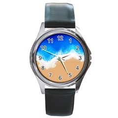 Sand Beach Water Sea Blue Brown Waves Wave Round Metal Watch