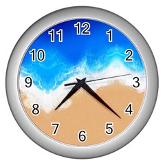 Sand Beach Water Sea Blue Brown Waves Wave Wall Clocks (silver)  by Mariart