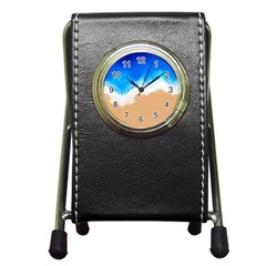 Sand Beach Water Sea Blue Brown Waves Wave Pen Holder Desk Clocks by Mariart