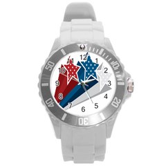 Star Red Blue White Line Space Round Plastic Sport Watch (l) by Mariart