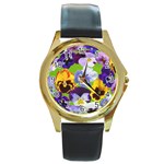 Spring Pansy Blossom Bloom Plant Round Gold Metal Watch Front