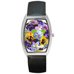 Spring Pansy Blossom Bloom Plant Barrel Style Metal Watch Front