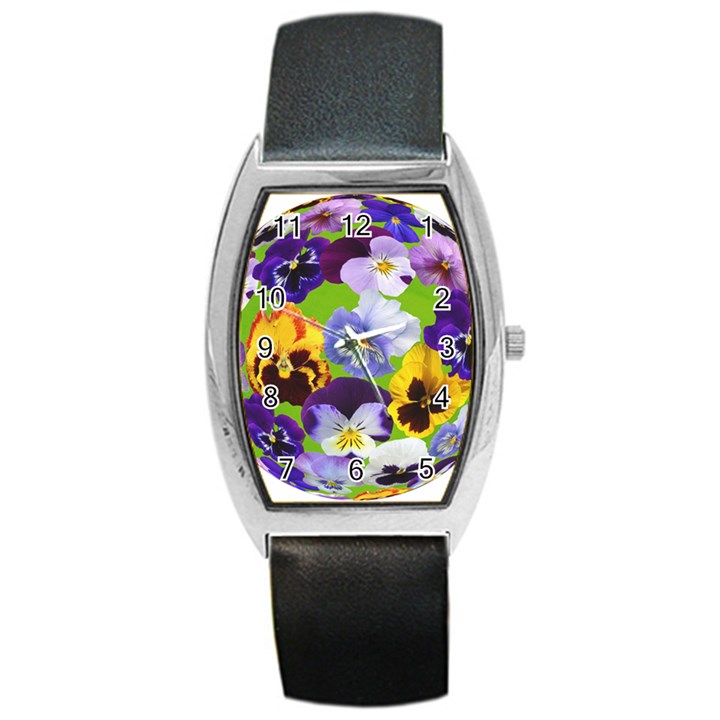 Spring Pansy Blossom Bloom Plant Barrel Style Metal Watch